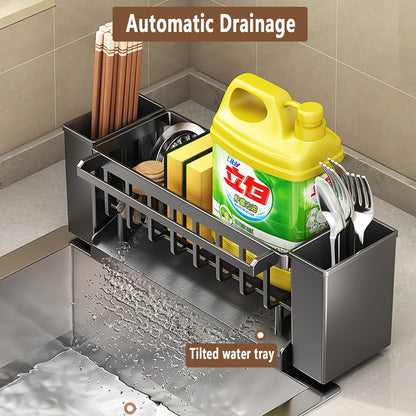 RAKSONIC Utensil Holder, 3 Compartments Utensil Drying Rack, Dish Drainer for Kitchen Counter,Kitchen Utensils Holder with Towel Bar,Self-Draining Tray Design(Gray)