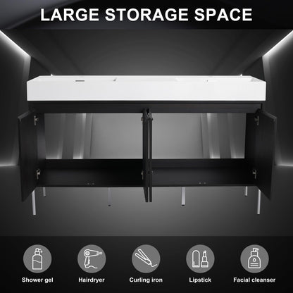 KEIKI 60" Freestanding Bathroom Vanity with Resin Double Sink, Modern Bathroom Storage Cabinet with Soft Closing Doors & Solid Metal Legs, 60 inches Double Sink Bathroom Vanity with 45° Bevel Handle