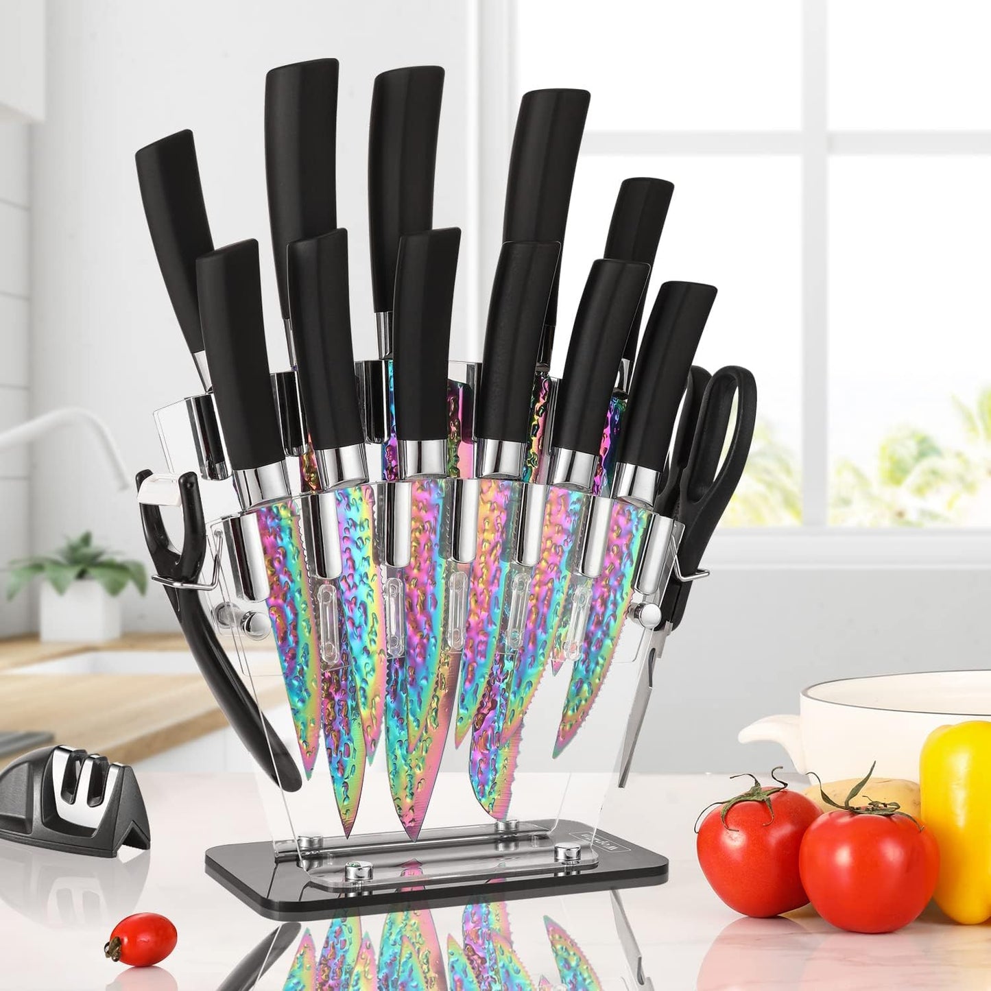 Rainbow Titanium Knife Set, Sharp Stainless Steel Knives with Acrylic Block, 6 Steak Knives, Chef Quality