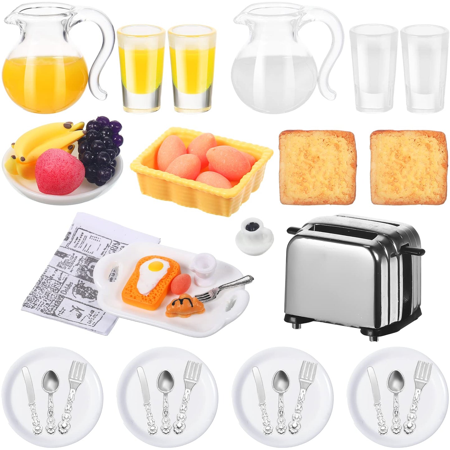 44 Pieces 1: 12 Dollhouse Miniature Breakfast Kitchen Accessories Mini Toast Machine Bread Juice Milk Eggs Cups Fruits Plates Knife Fork Spoons for Dollhouse Kitchen Scene and Cake Topper Decor