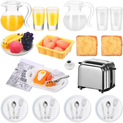 44 Pieces 1: 12 Dollhouse Miniature Breakfast Kitchen Accessories Mini Toast Machine Bread Juice Milk Eggs Cups Fruits Plates Knife Fork Spoons for Dollhouse Kitchen Scene and Cake Topper Decor