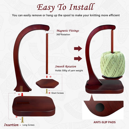 JUCPASH Yarn Holder for Crocheting and Knitting, Wooden Yarn Spinner with Magnetic Rotating Mechanism and Anti-Slip Pads, Crochet Accessories Birthday Gifts for Women Mom Wife Grandma Mother (Brown)