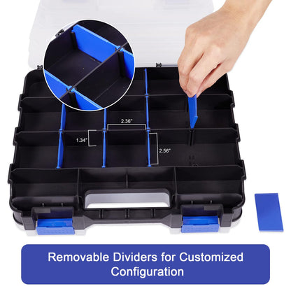 AIDY-PRO Small Parts Organizer Box Storage Case Tools Box Organizer Double Side 34 Compartments Hardware Organizers with Removable Plastic Dividers for Screws Nuts Nails Bolts, 2 Pack