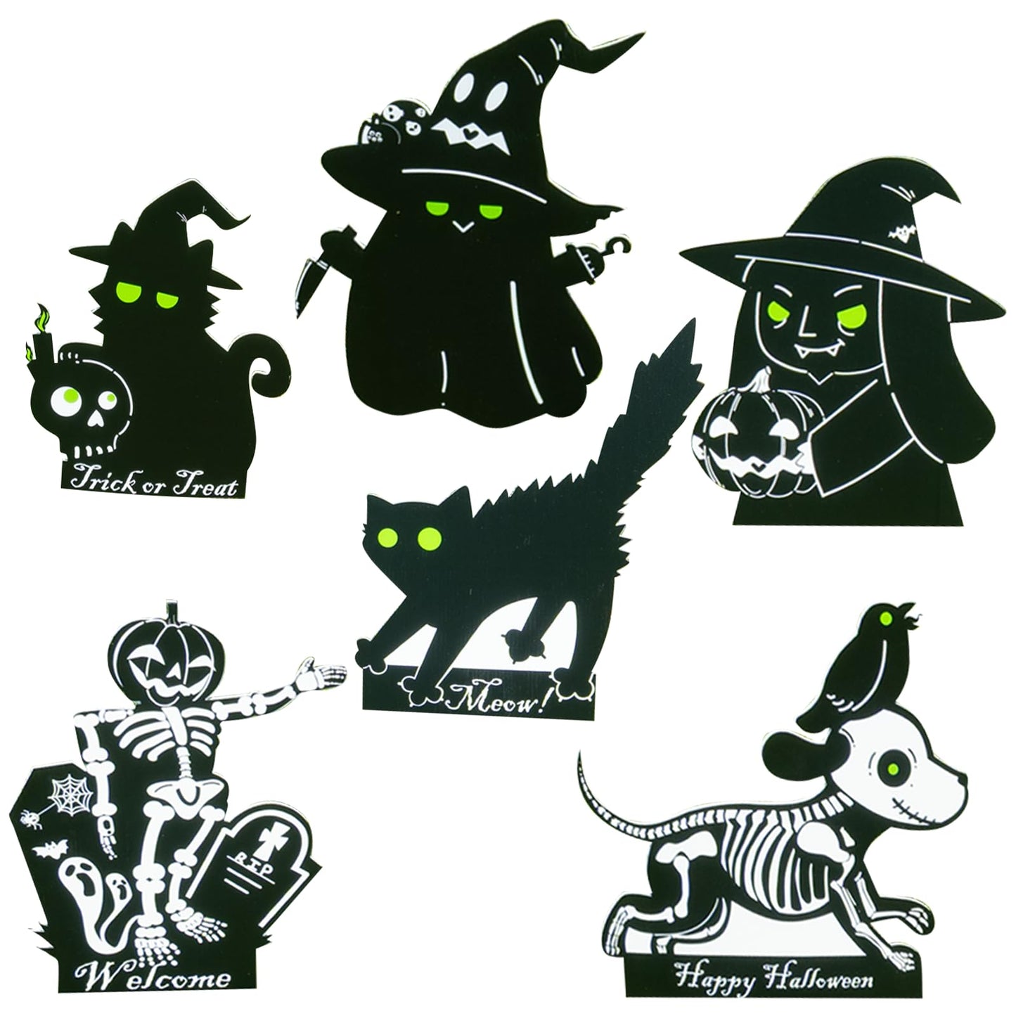 Liferyx Halloween Decoration Outdoor, 6 Packs Cute Yard Sign Black Cat, Skeleton, Witches, Dog & Ghost Silhouette, Waterproof Lawn Decoration Yard Decor Stakes with Glow in Dark Eyes