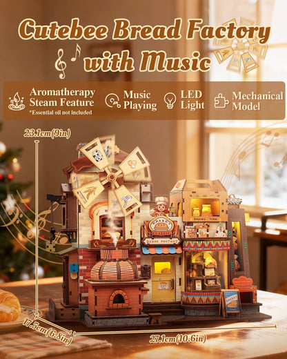 CUTEBEE 3D Wooden Puzzles for Adults - Bread Factory Bakery 576pcs Wooden Mechanical Model DIY Building Kit with Music and Lights, Bookshelf Decor, DIY Craft Gifts for Adults（Bread Factory）