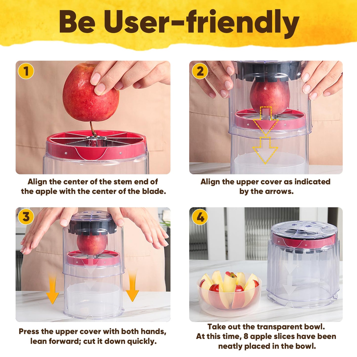 Newness 5.12-Inch Apple Slicer - 8 Slices, Ultra-Safe & Heavy-Duty Stainless Steel Extra Large Apple Cutter, Upgraded Cut Apples All The Way Through, with Transparent Bowl