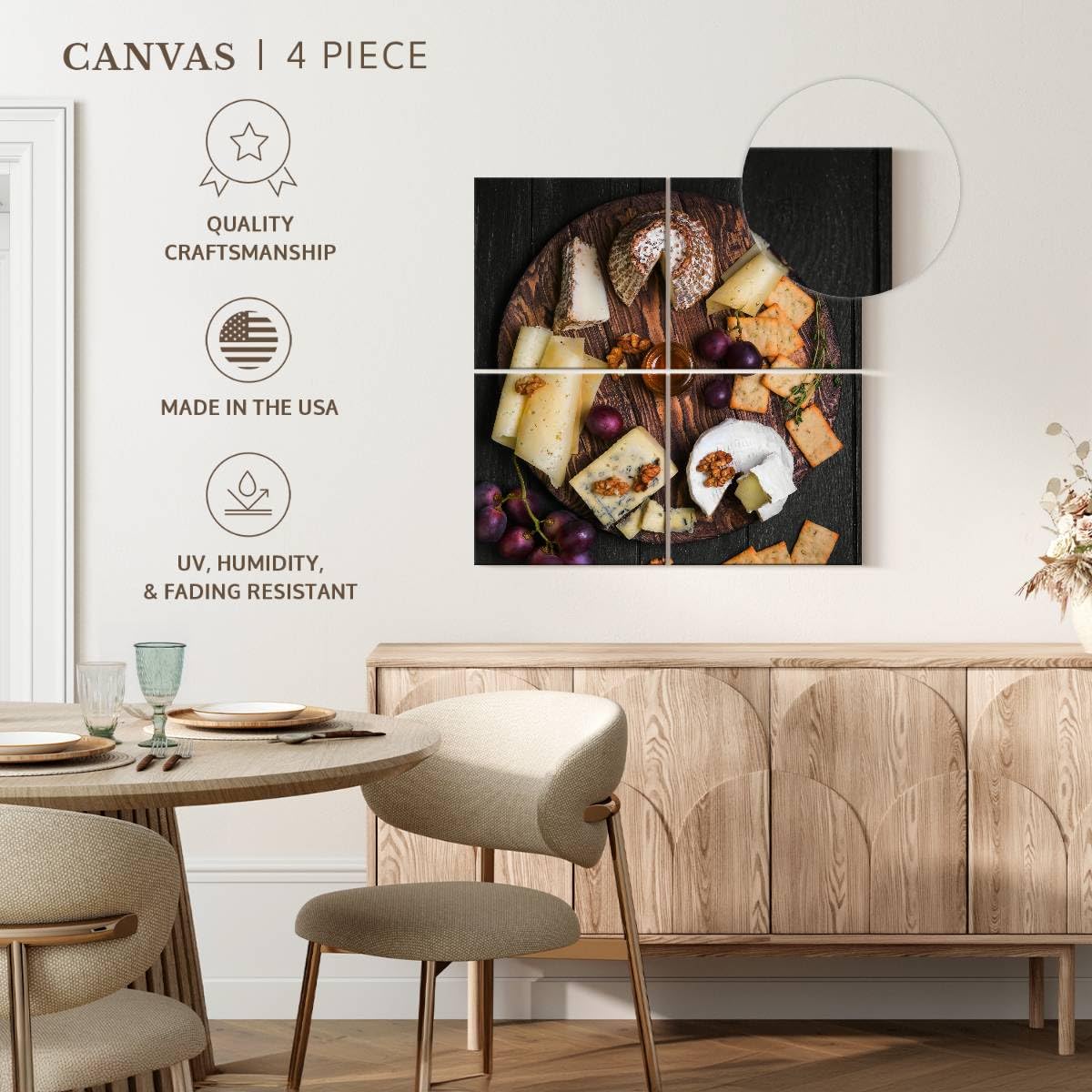 ElephantStock - Cheese Charcuterie Board Wall Art - Square Multi Panel Canvas - 4 Piece Dining Room Wall Decor - Photography Food And Drink Multi Piece Wall Art - Gray And Brown Decor - 45" x 45"