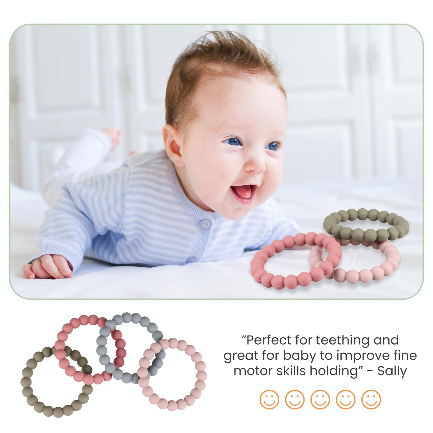 Nearbyme Silicone Teether Rings, 4 Neutral (White, Beige, etc.) Baby Teether Bracelets for 3m+ Babies to Self-Soothe