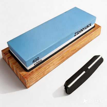 Knife Sharpening Stone 400/1000 Grit, Whetstone 2-in-1 Professional Sharpening Stones for Knives, Sharpener Stone with Non-Slip Bamboo Base, Kitchen Knife Sharpener for Straight & Serrated Edges