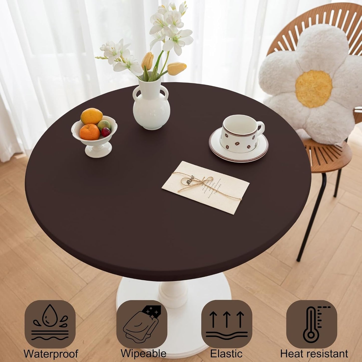 47 Inch (Coffee,47" Round Fitted PU Tablecloth with High Elastic Edge Dia Waterproof Oil Proof Table Cloth Anti-Scald
