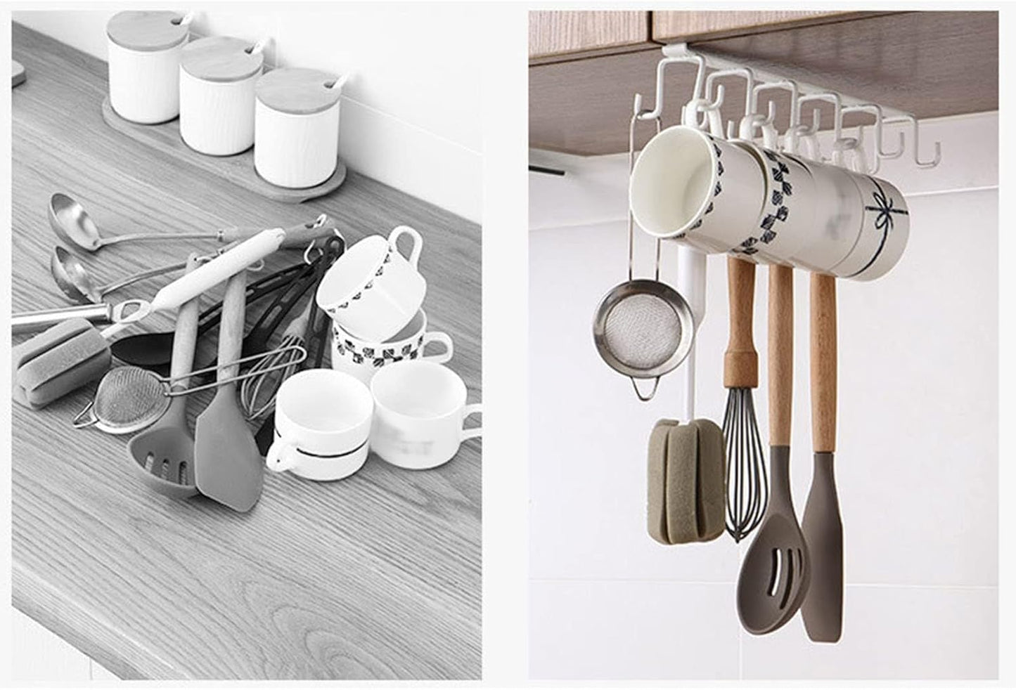 Kitchen Utensil Hanging Cups Storage Hooks with 6 Hooks, Under Cabinet Closet Cup Holder Hanger Hook Rack (White)