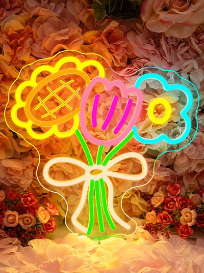 3 Flower Neon Sign Flower Neon LED Lights Cool Warm White Yellow Acrylic Wall Mount LED Boho Decorative Signage USB Powered Summer Retro Light up Sign for Wall Window Bedroom Wedding Birthday Party Decoration for Mother's Day