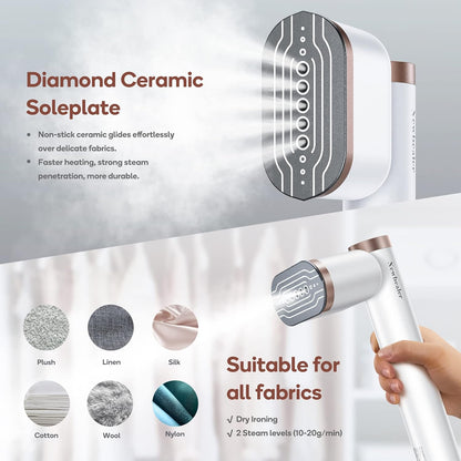Newbealer Portable Clothes Steamer - 1200W Fast Heat-Up, 2 Steam Levels, Vertical & Horizontal Use, 302°F Wrinkle Remover