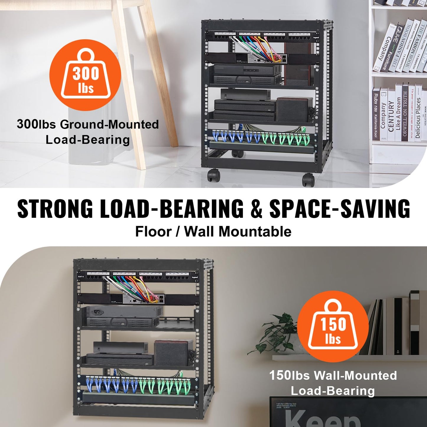 VEVOR 12U Open Frame Server Rack, 23''-40'' Adjustable Depth, Free Standing or Wall Mount Network Server Rack, 4 Post AV Rack with Casters, Holds All Your Networking IT Equipment AV Gear Router Modem