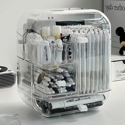 DoMyfit Clear Acrylic Pen Organizer, Desktop Storage Box with Multiple Compartments, Makeup Brush Storage Organizer for Office School Home Supplies