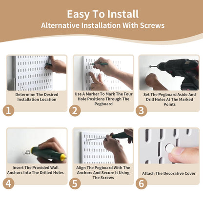 LBW Pegboard Wall Organizer, 6-Pack 11.8" × 11.8" White ABS Peg Board Panels with 27 Accessories, Modular Plastic Pegboard Combination Kit for Home, Office, Garage, Tool Storage & Craft Room