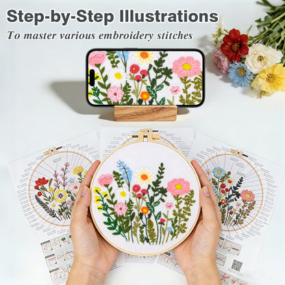 RIHYTFU 3 Pack Flower Embroidery Kits for Beginners, Adults Starter Cross Stitch Kit, DIY Sewing Needlepoint, Floral Plants Patterns Hand Stamped Embroidery Kits