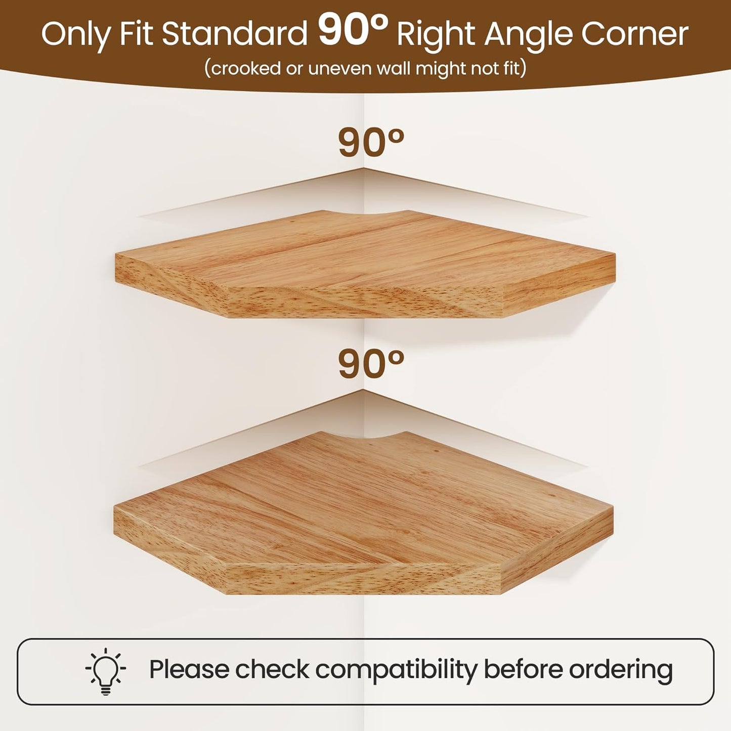 7in 1 Pack) Fun Memories Corner Shelf Wall Mount, Solid Oak Wood Floating Corner Shelves with Cable Hole, Rustic Design