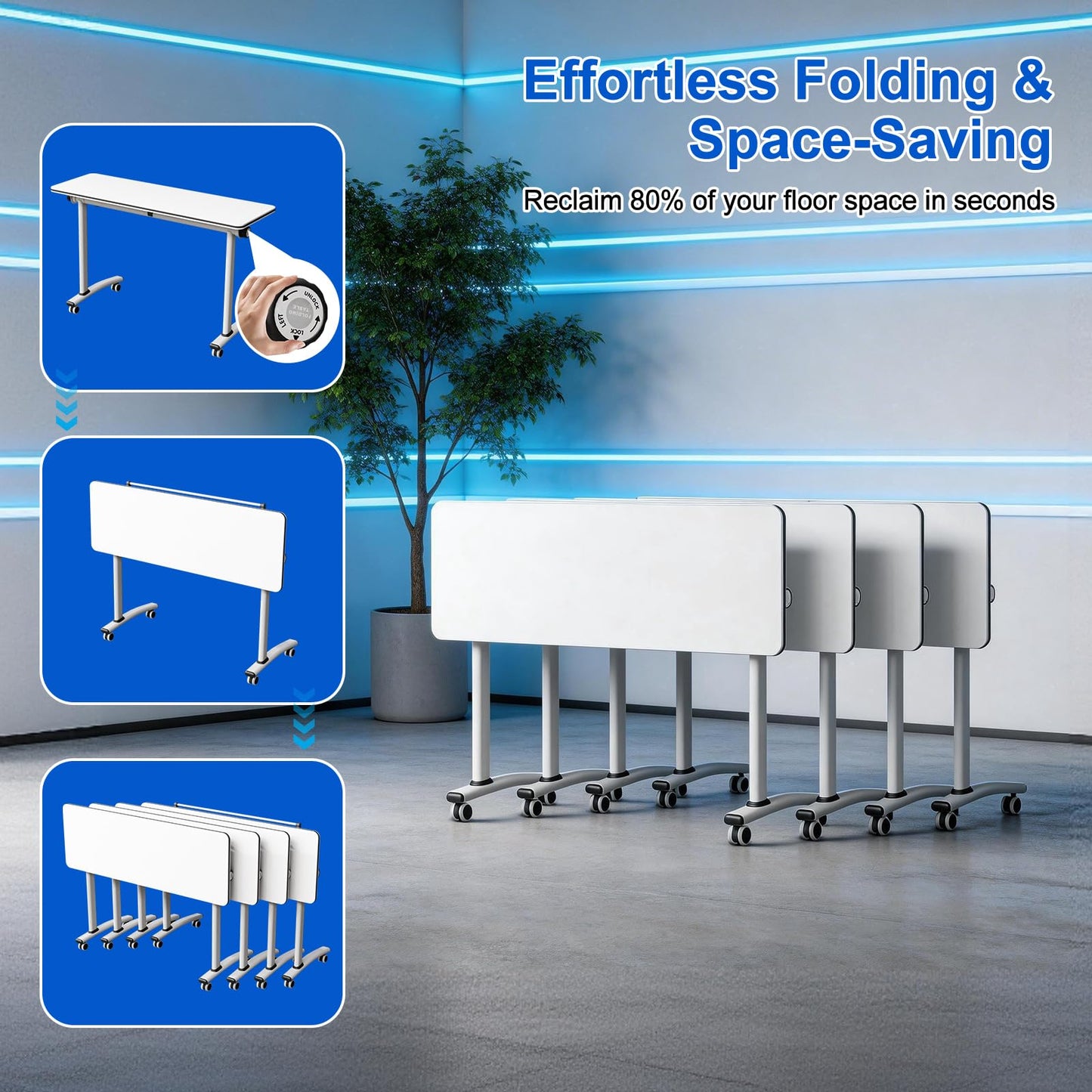 Conference Room Table, Foldable Flip Top Mobile Training Table with Wheels, 47.2 Inch Modern Rectangular Meeting Seminar Desk, Waterproof Metal Frame for Office, Classroom & Boardroom