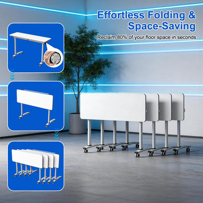 Conference Room Table, Foldable Flip Top Mobile Training Table with Wheels, 47.2 Inch Modern Rectangular Meeting Seminar Desk, Waterproof Metal Frame for Office, Classroom & Boardroom