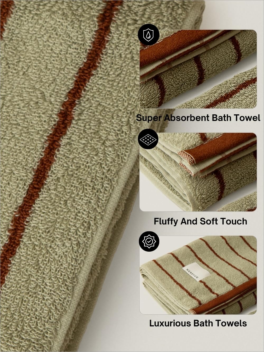 WENSHUO Moss Beacon-Pure Cotton Striped Bath Towel,100% Combed Cotton,Luxury Shower Towel,Super Absorbent(Pack of 1) (55.12" L × 27.56" W)