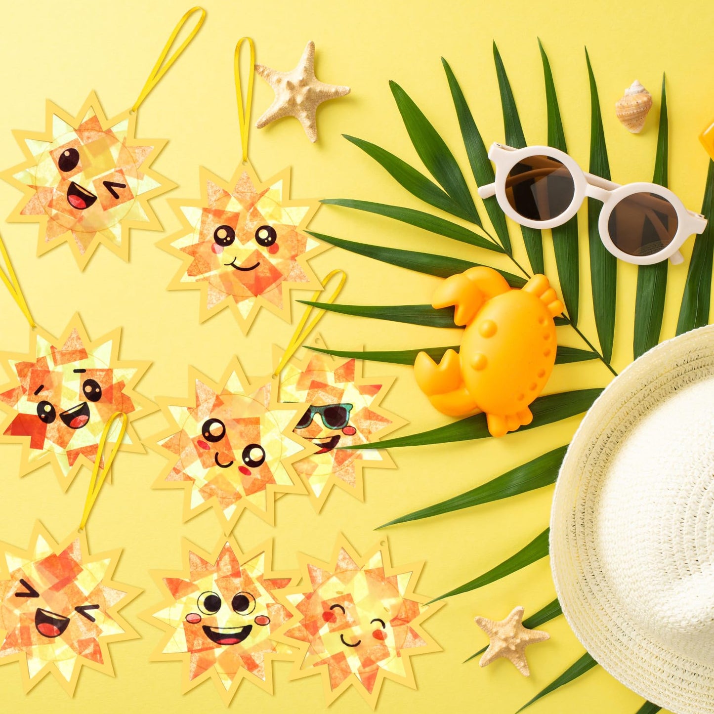 AmazingSpark 30 Pcs Sun Suncatchers Paper Craft Spring Sun Face DIY Stained Glass Effect Tissue Paper Kits Gift Bulk for Summer Sunshine Activities Art Party Decor