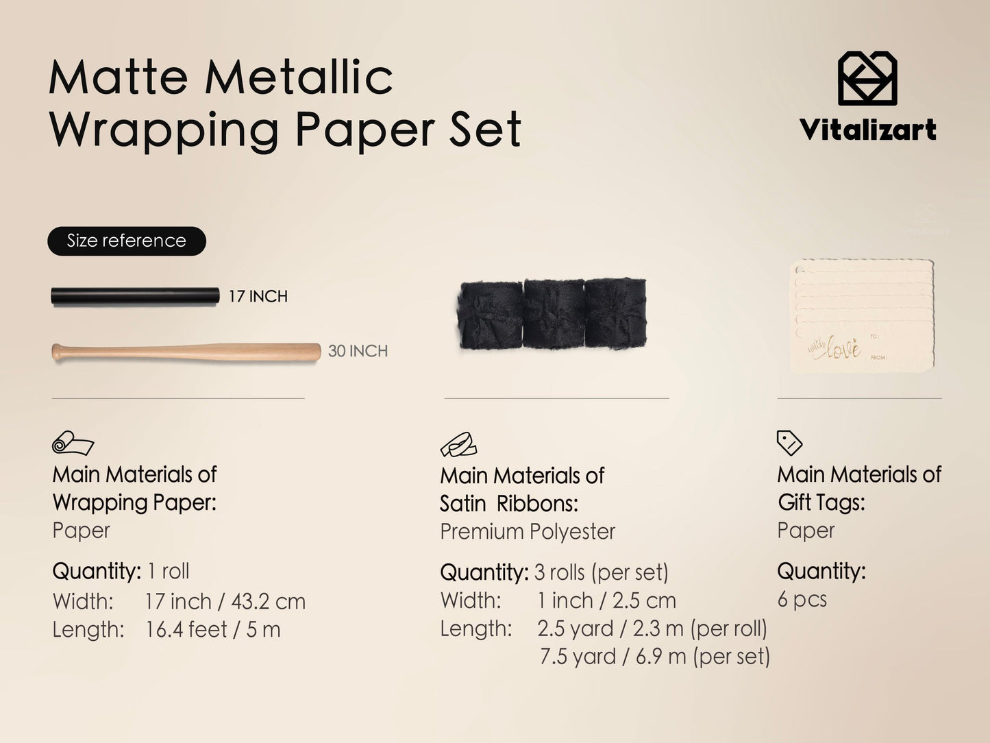 Vitalizart Black Matte Metallic Wrapping Paper Set 17" With Silk Satin Ribbon & Gift Tags Christmas Gift Wrapping Birthday Baby Shower Wedding Bouquets Handmade Crafts 197"(16.4 Ft) Black Ribbon