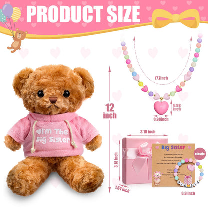 Taiyin 5 Pcs Big Sister Gift Set Big Sister Bear with Colorful Bracelet Necklace Jewelry Pink Stuffed Animal Bear Doll Toy Gift for Who Promoted with Beautiful Greeting Card and Box