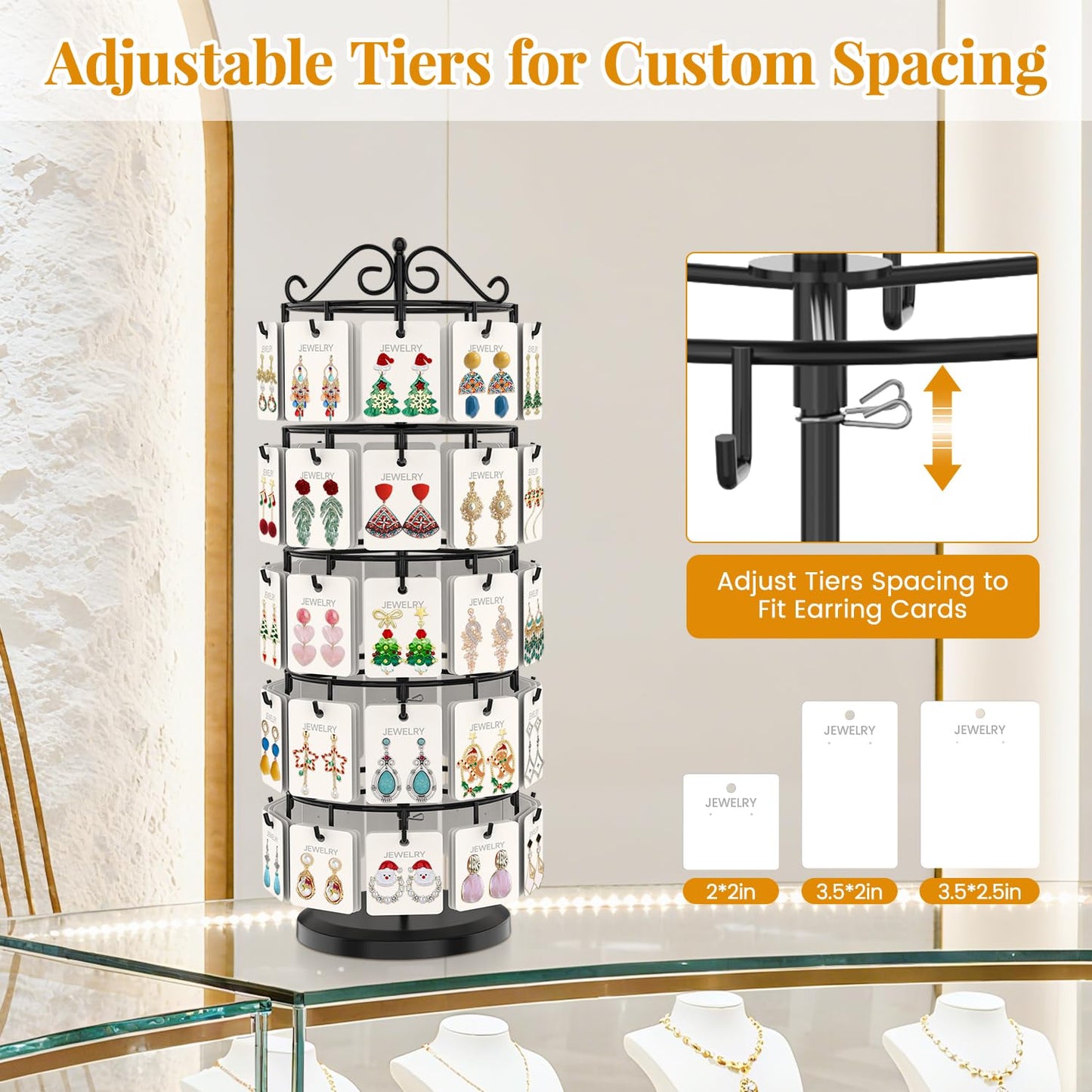 EsLuker.ly Earring Holder Organizer Rotating Display Tree Stand, Adjustable Height Earring Card Hanger Rack with 50 Hooks for Vendors Market Selling, 5 Tier Metal Jewelry Storage Tower, Black