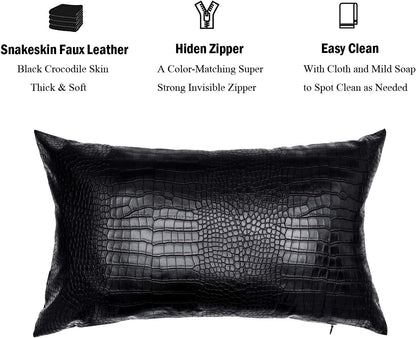 Black Crocodile Skin Faux Leather Pillow Cover, Decorative Modern Throw Cushion Case for Living Room & Bedroom, 12x20