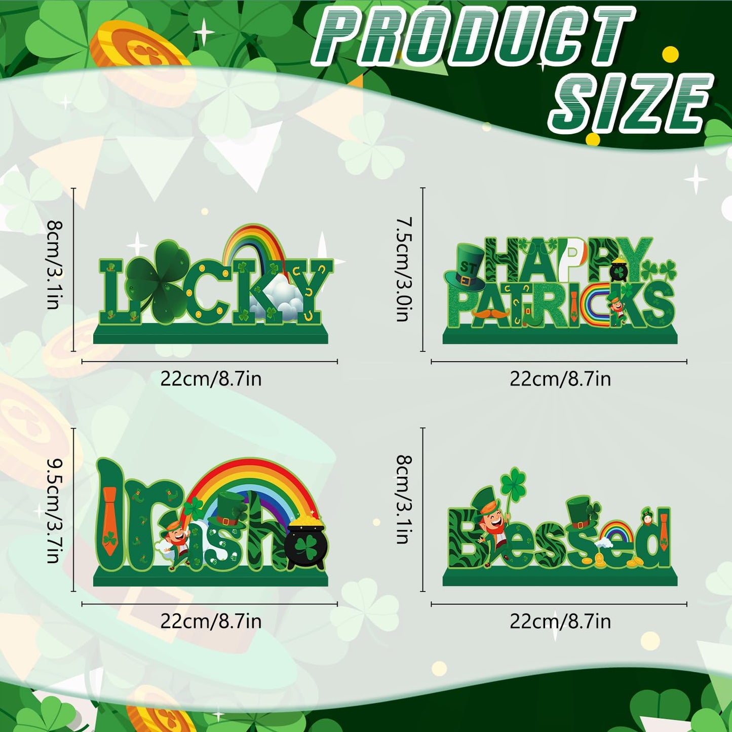 4pcs St Patricks Day Decorations Wooden Table Signs,Happy Saint Patricks Day Table Decorations Green Irish Lucky Shamrock, Leprechaun St. Patricks Day Decorations for Holiday Party