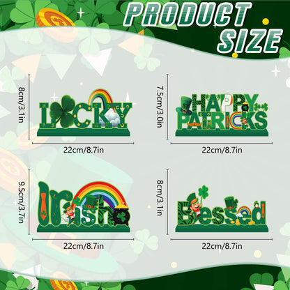 4pcs St Patricks Day Decorations Wooden Table Signs,Happy Saint Patricks Day Table Decorations Green Irish Lucky Shamrock, Leprechaun St. Patricks Day Decorations for Holiday Party