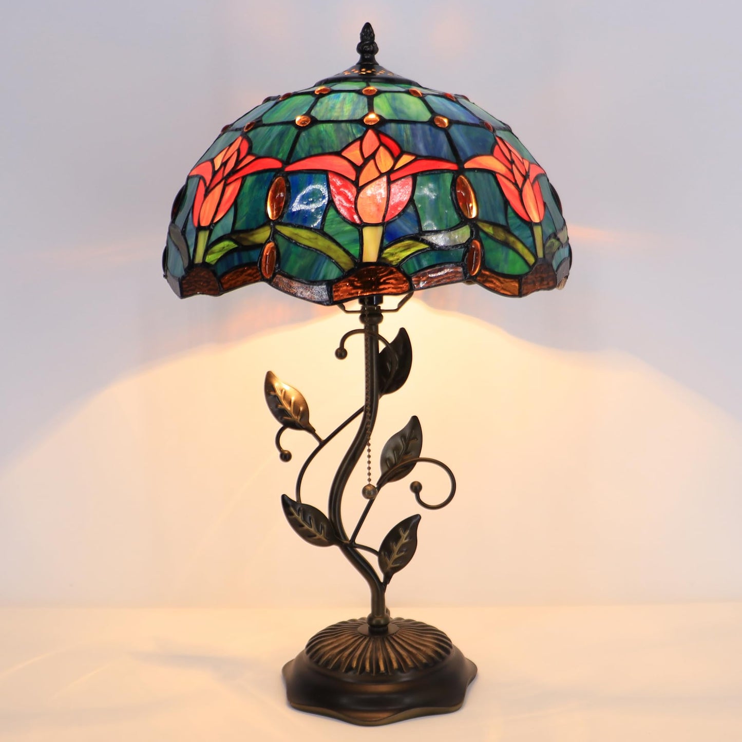 LXHCYOU Tiffany Table Lamp, Stained Glass Desk Light, W12H19 Inch, Metal Leaf Base (Tulip Style)