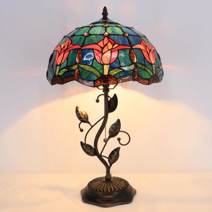 LXHCYOU Tiffany Table Lamp, Stained Glass Desk Light, W12H19 Inch, Metal Leaf Base (Tulip Style)
