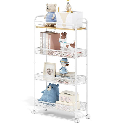 TOOLF 4-Tier Slim Rolling Cart, Metal Utility Cart, Slide Out Storage Cart with Wooden Tabletop and Mesh Baskets for Narrow Space on Kitchen Bathroom Laundry Room Bedroom Apartments Dormitory