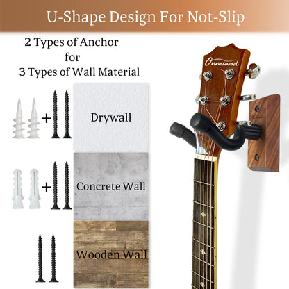 Onmiwod Guitar Wall Mount, Black Walnut Wood Guitar Hanger, U-Shaped Guitar Wall Hanger Mount, Guitar Holder Hook Stand Wall for Acoustic, Electric Guitar, Banjo, Bass, for Guitar Player Men Boy