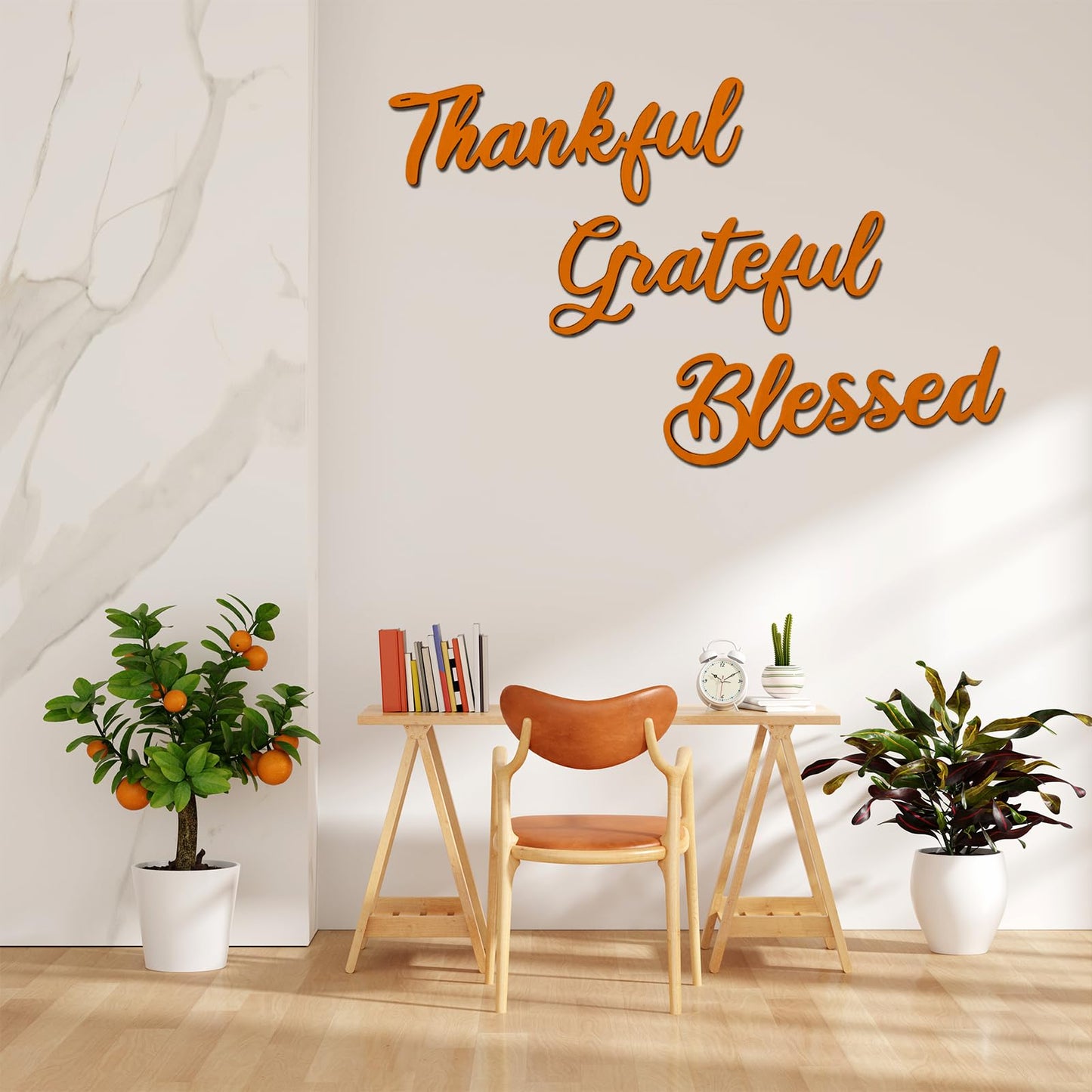 Zaruatu 3 Pcs Unfinished Wood Thanksgiving Cutout Thankful Grateful Blessed Word Sculptures Sign Wooden Letter Decorations for Wreath DIY Crafts Door Hanger Wall Art Decor (Orange-Thankful)