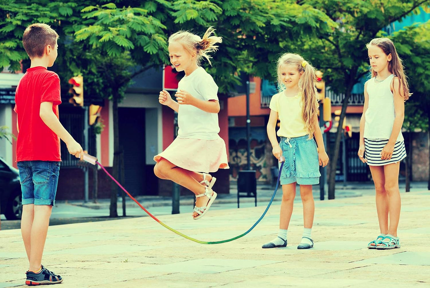 16 FT Long Jump Rope for Kids, 2 Pack Adjustable Double Dutch Skipping Rope with Wooden Handle, Multiplayer Rainbow Jumping Rope for Outdoor Fun, School Sport, Party Game