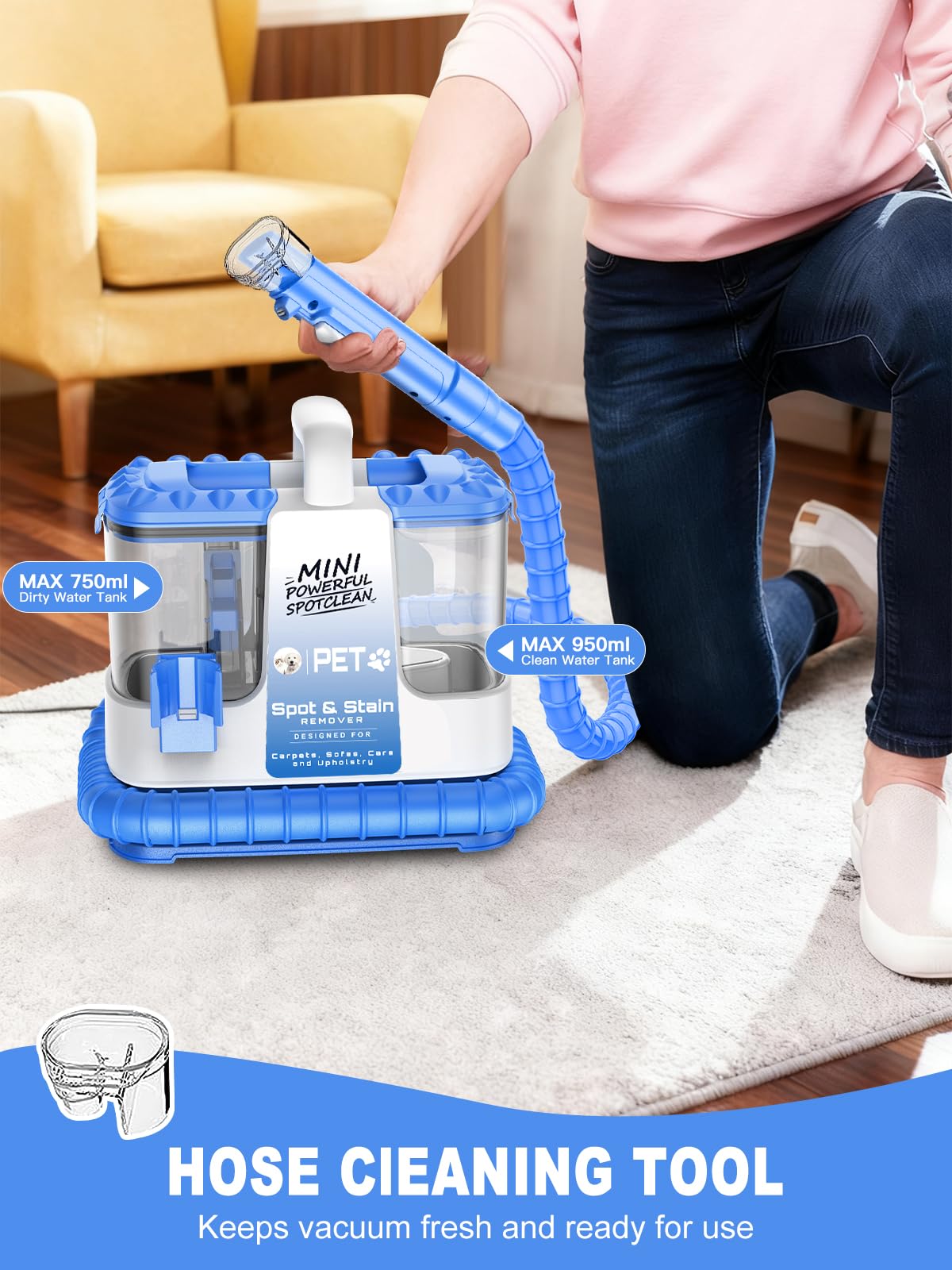 Portable Carpet & Upholestery Cleaner Machine for Pets, Spot, Stain, Couch Cleaner Machine with Powerful Suction and and Cleaning Solution, Car/Auto Detailer, Lightweight Compact Design