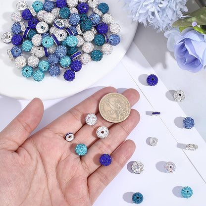 PONABEADIY 150PCS Blue Rhinstone Sparkly Beads Kit with Elastic Crystal Thread Round Spacer Polymer Clay Iron Brass Charms Loose Spacer Bead Bulk for Jewelry Making Bracelets Necklace DIY Craft Supply