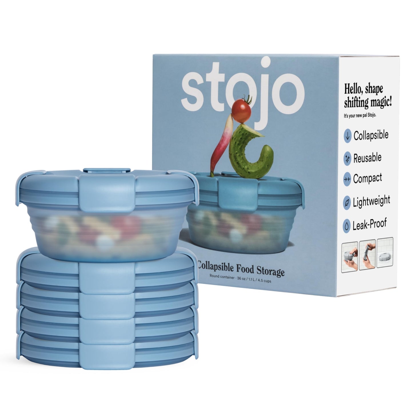 STOJO Collapsible Bowl - Translucent Denim Blue, 36oz - Reusable Silicone Bowl for Hot and Cold Food - Perfect for Travel, Meal Prep, To-Go Lunch, Camping & Hiking - Microwave & Dishwasher Safe