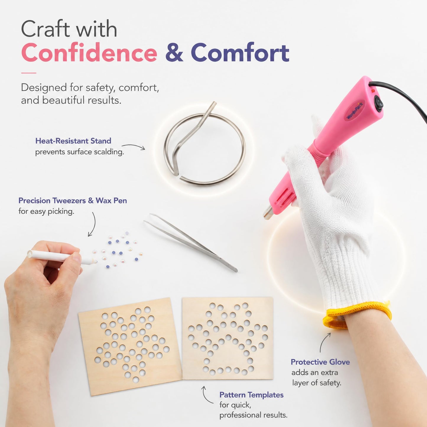 Worthofbest Hot Fix Rhinestone Applicator Tool Kit, 10000Pcs 3/4/5mm Glass Rhinestones & 5mm Hotfix Pearls, Rhinestone Setter with 6 Tips, Stand, Glove, Tray, Templates for Fabric Clothing DIY