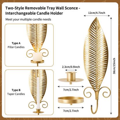 Gold Wall Candle Sconces Set of 2, Taper & Pillar Wall Iron Candelabra, Metal Golden Leaf Decor Sconce for Entryway Stair Corner Living Room, Farmhouse Fireplace,Gifts for Men Women Mom or Dad(Gold)