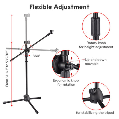AW 12pcs Boom Mic Stand Floor Adjustable Height Mic Tripod Stand w/ 2 Mic Clip Holder Foldable Microphone Holder for Singing Live Stream Stage Studio