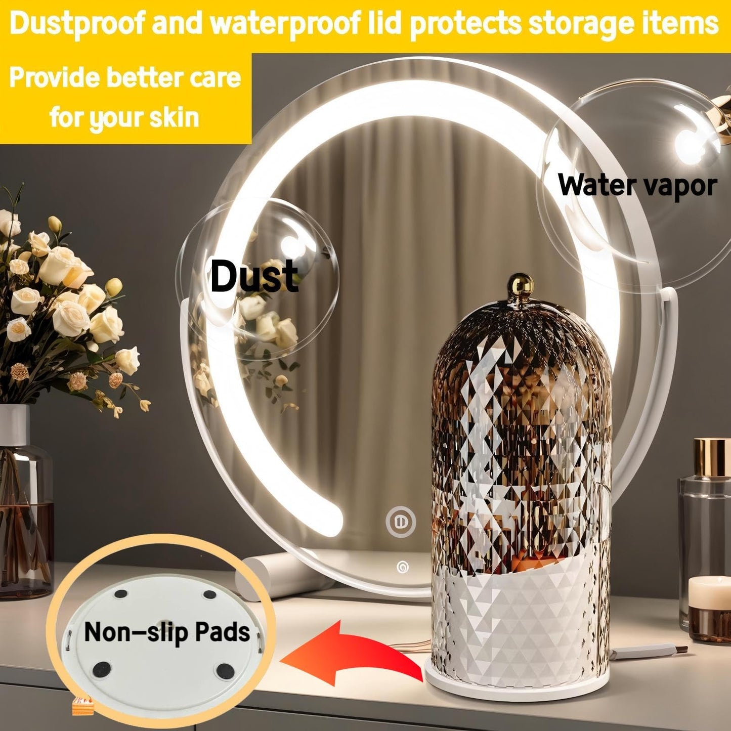 RONGZHIERK Makeup Brush Holder with Lid,Makeup Brush Storage Box with Diamond Pattern,360 Rotating Waterproof and Dustproof Beauty Brushes Storage for Vanity Bathroom,White