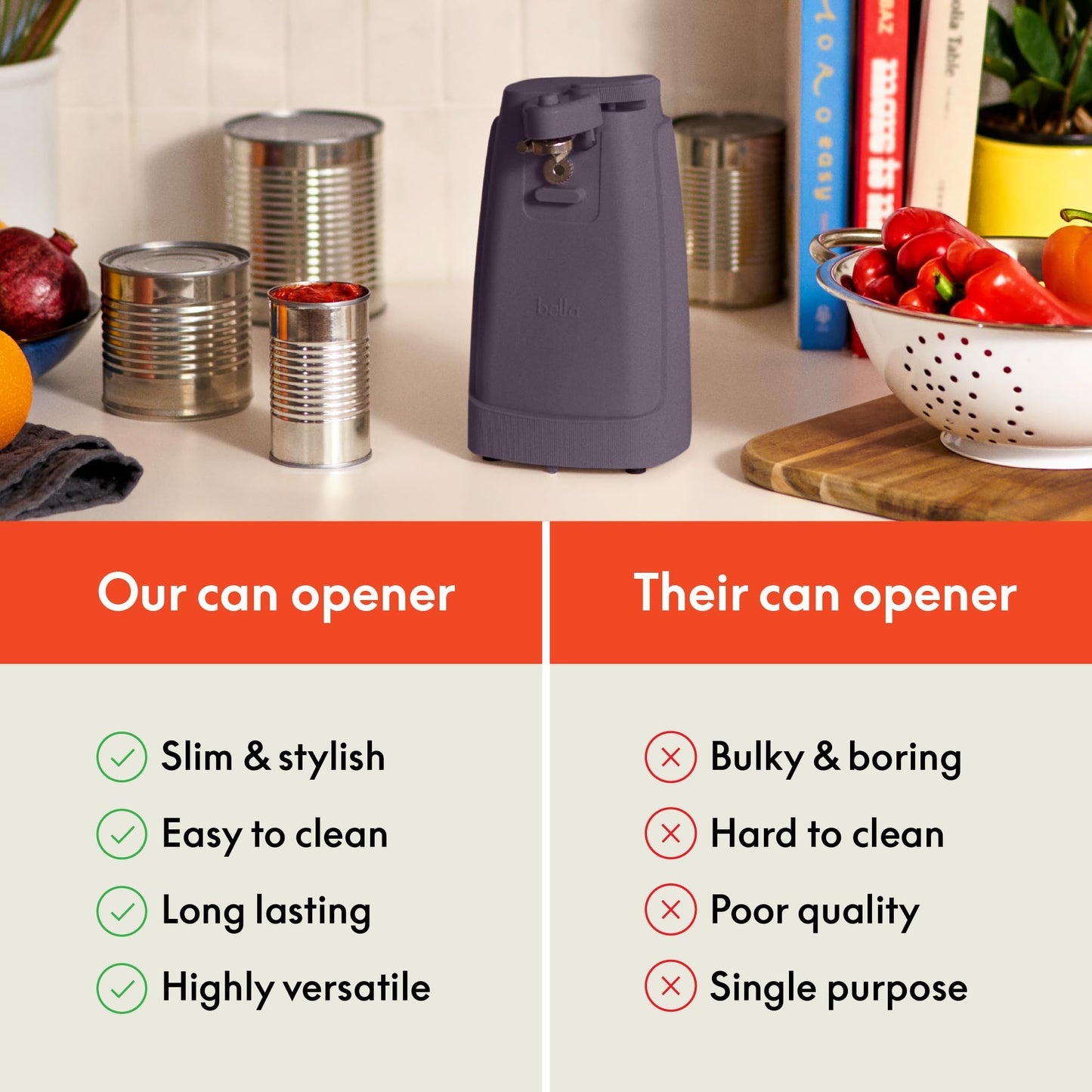 bella Electric Can Opener and Knife Sharpener, Multifunctional Jar and Bottle Opener with Removable Cutting Lever and Cord Storage, Stainless Steel Blade, Surf