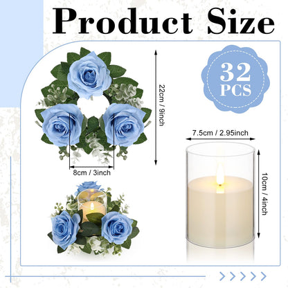 Yunlly 32 Pcs Rose Candle Rings with Flameless Candles Sets, Artificial Flower Eucalyptus Wedding Centerpiece 3 Inch Pillar Candleholders Wreaths for Wedding Party Mother's Day (Blue)