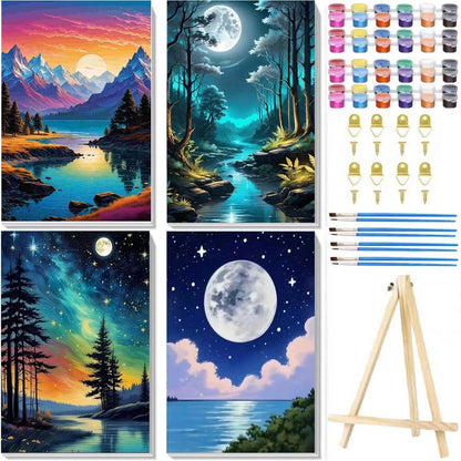 4 Pack Paint by Numbers for Adults with Framed Canvas - with Wooden Easel, Beach Paint by Number on Canvas, DIY Moon Landscape Acrylic Oil Painting Kits with Brushes for Home Wall Decor (8x12 inch)