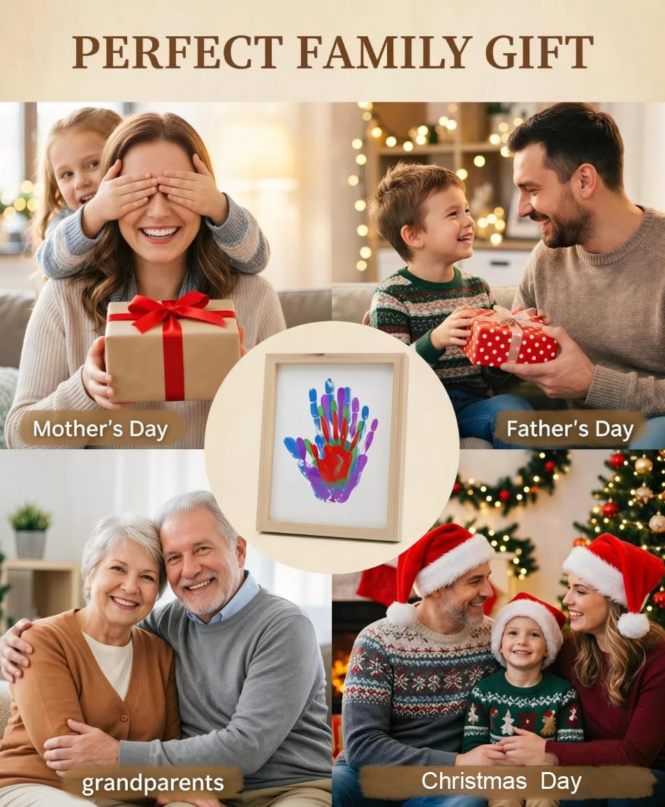 Hand Casting Kit for Family – DIY Hand Mold Kit with Natural Wood Frame, Non-Toxic Paints, Baby Handprint & Footprint Kit for New Parents, Couples, Adoption Gifts (Wood)