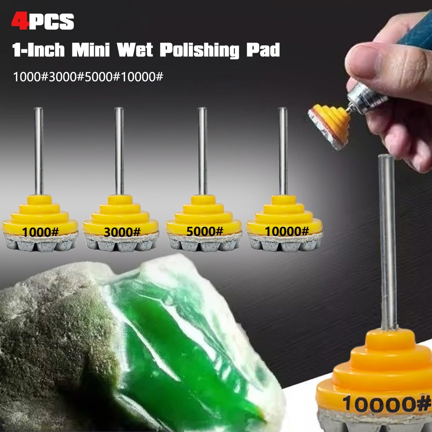 QTG 4Pcs 1-Inch Wet Polishing Pads with 3mm Handle – 1000 to 10000 Grit Jade Polishing Tools for Gemstone, Jade Carving, Fine Grinding & High Precision Shaping – Reusable Wear-Resistant Sanding Discs